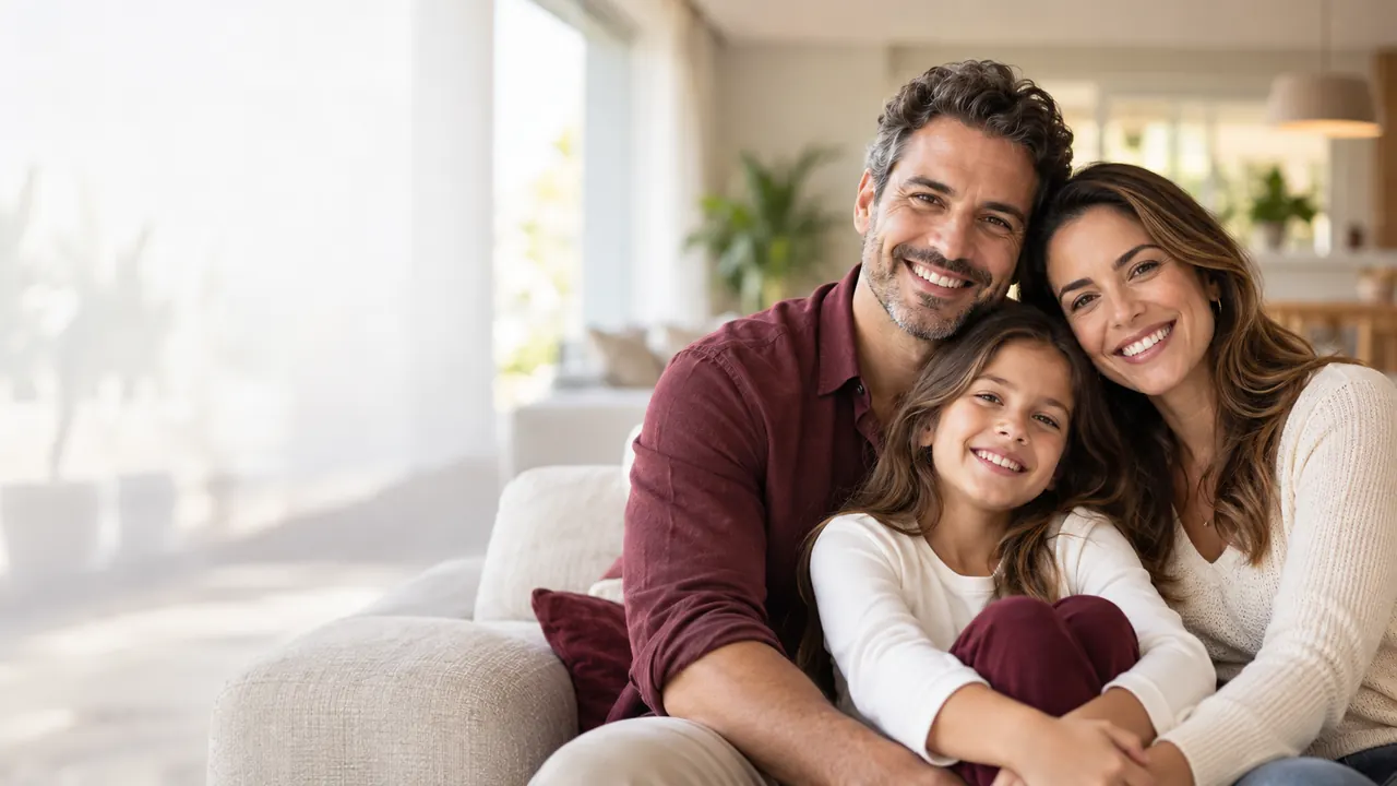 Família sorrindo reunida no sofá da sala (imagem ilustrativa)