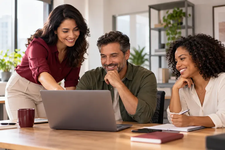Equipe de pequena empresa reunida diante do notebook (imagem ilustrativa)