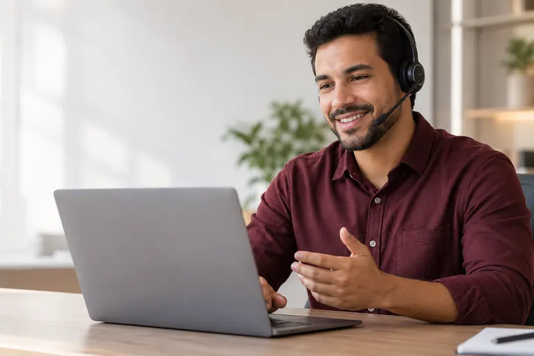 Consultor com headset atendendo pelo computador (imagem ilustrativa)